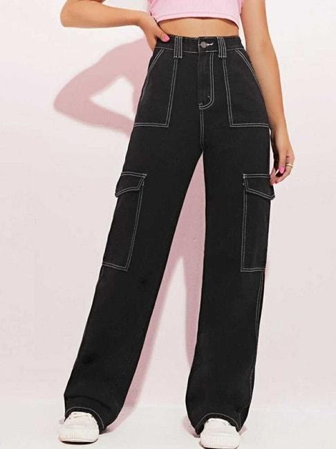Broadstar Black Denim Relaxed Fit High Rise Cargo Jeans