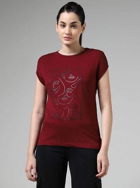 Studiofit by Westside Maroon Abstract Printed T-Shirt