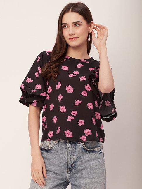 moomaya-black-&-pink-floral-print-top