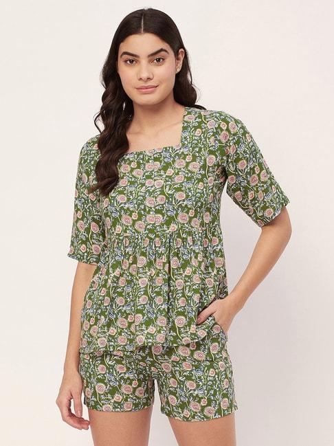Moomaya Green Floral Print Top With Shorts