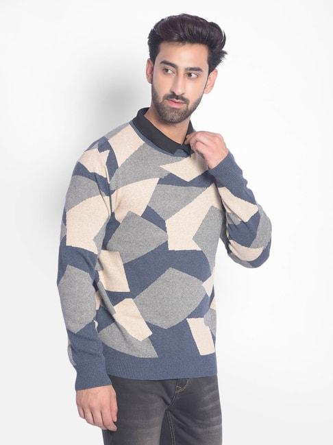 Crimsoune Club Beige Cotton Regular Fit Self Pattern Sweater