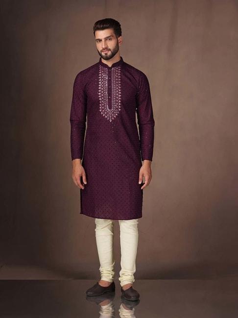 kisah-purple-&-cream-regular-fit-embroidered-kurta-&-churidar-set