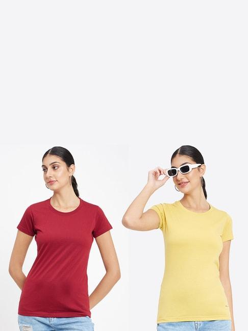 Okane Mustard & Red Regular Fit T-Shirt (Pack Of 2)