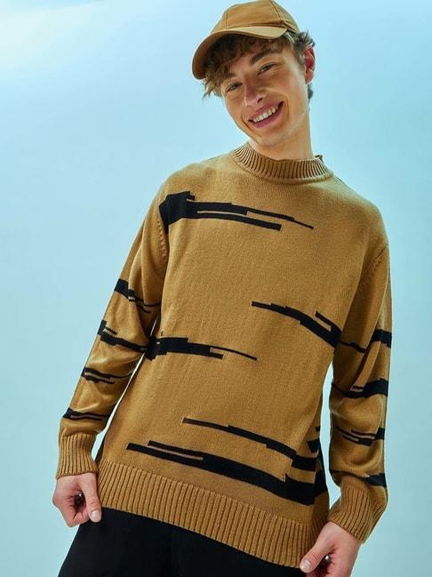 bewakoof-brown-relaxed-fit-self-design-oversized-sweater