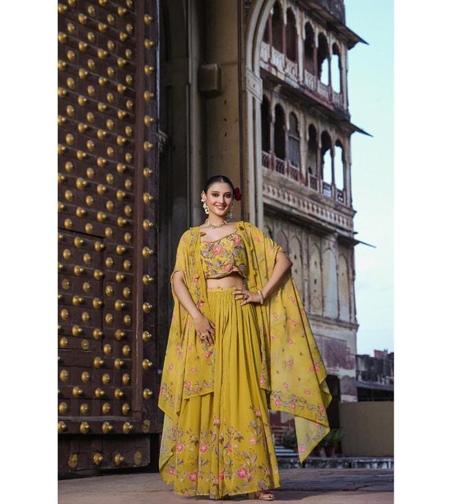 Scakhi Mustard Georgette Floral Print Lehenga and Choli With Cape
