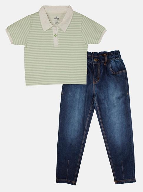 Kiddopanti Kids Green & Blue Striped Crop Polo T-Shirt with Jeans