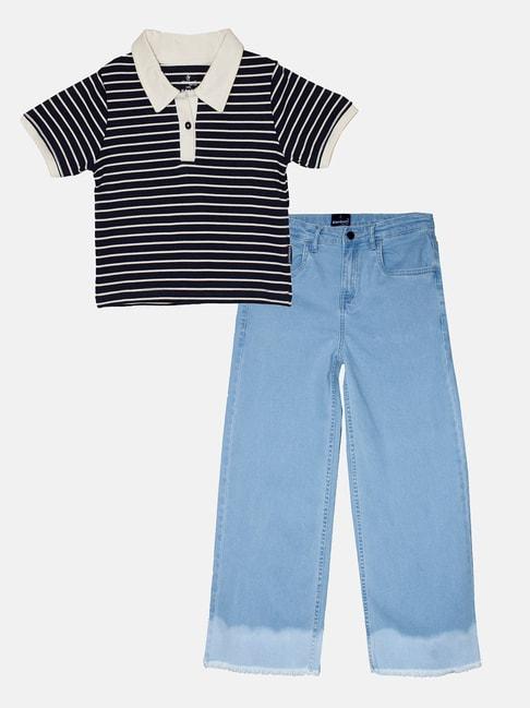 Kiddopanti Kids Blue Striped Crop Polo T-Shirt with Jeans