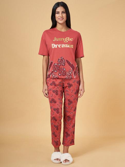 Dreamz by Pantaloons Red Cotton Printed T-Shirt Pyjamas Set
