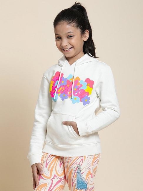 Kidsville Barbie Printed Off White Hoodie For Girls
