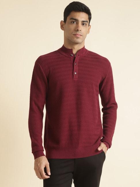 ANDAMEN Burgundy Regular Fit Self Design Cotton Sweater