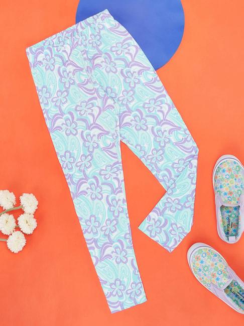Pantaloons Junior White & Aqua Blue Floral Print Leggings