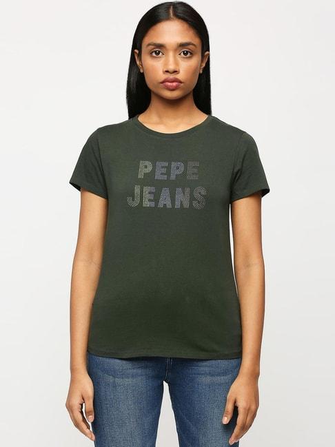 Pepe Jeans Green Cotton Embellished T-Shirt