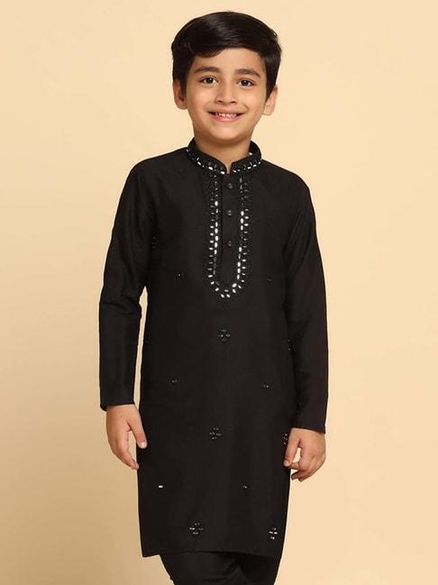 KISAH Kids Black Cotton Embroidered Full Sleeves Kurta