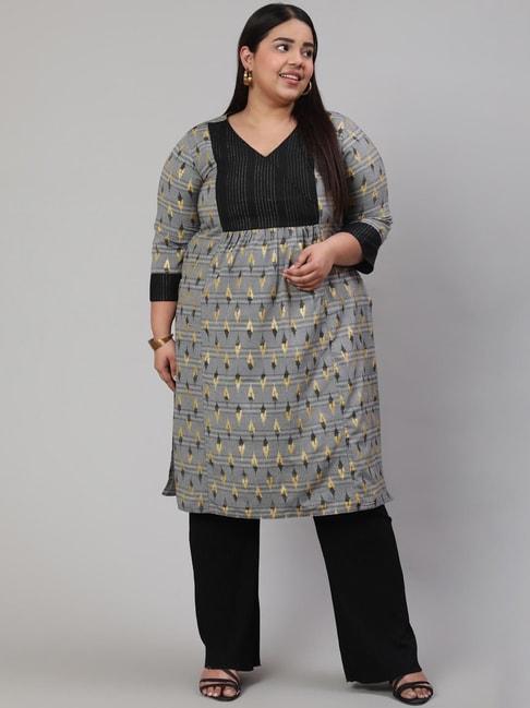 Jaipur Kurti Grey Printed Straight Plus Size Kurta