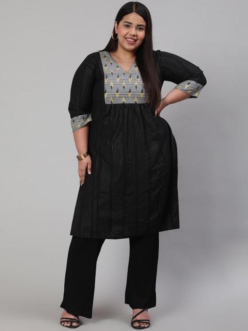 Jaipur Kurti Black Striped Straight Plus Size Kurta
