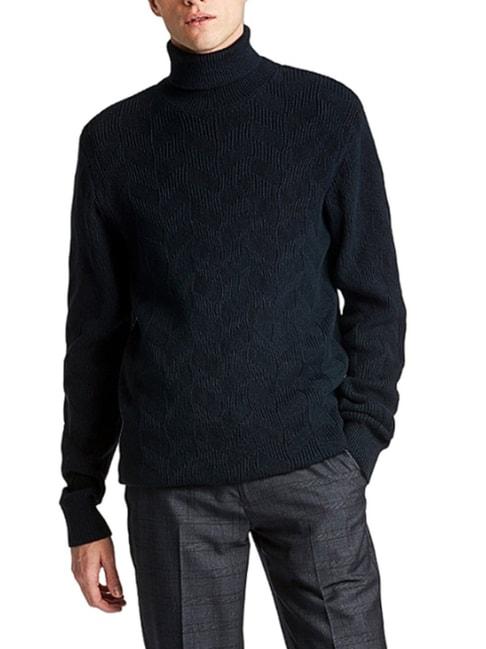 lindbergh-navy-blue-cotton-regular-fit-self-pattern-sweaters
