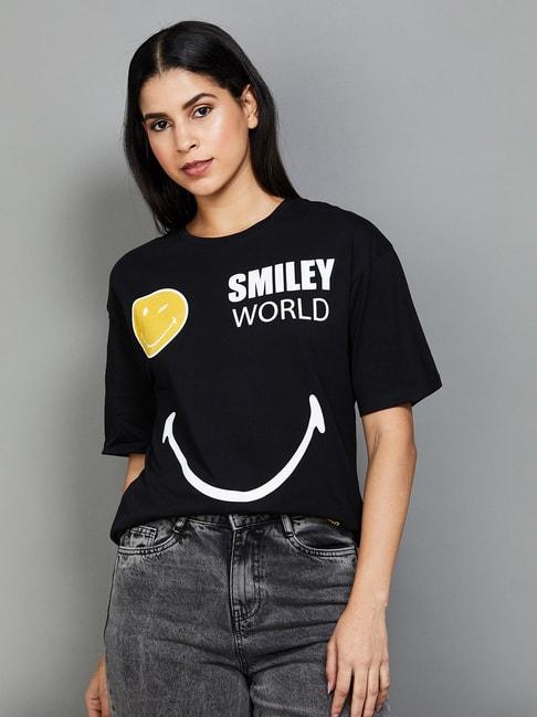 SmileyWorld Black Cotton Printed T-Shirt