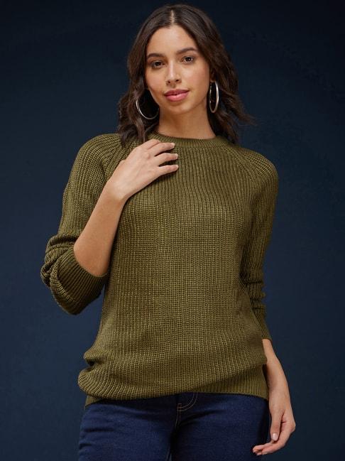 fablestreet-olive-self-design-sweater