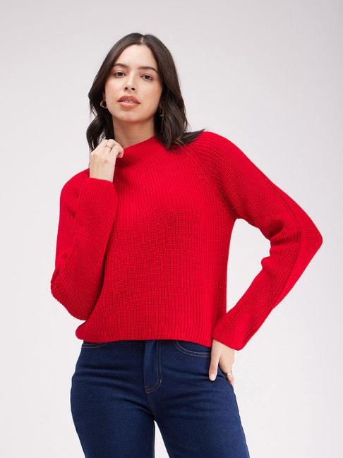 Fablestreet Red Self Design Sweater