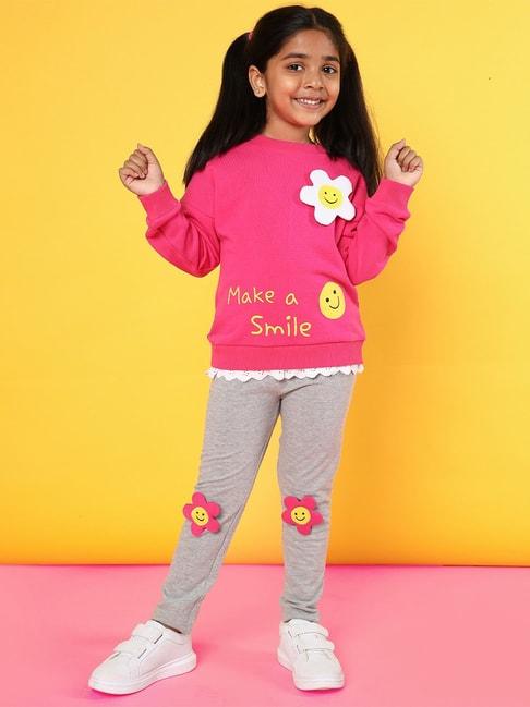 Nauti Nati Kids Fushia & Grey Printed Full Sleeves Sweatshirt with Trousers
