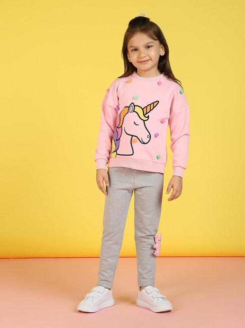 Nauti Nati Kids Pink & Grey Printed Full Sleeves Sweatshirt with Leggings