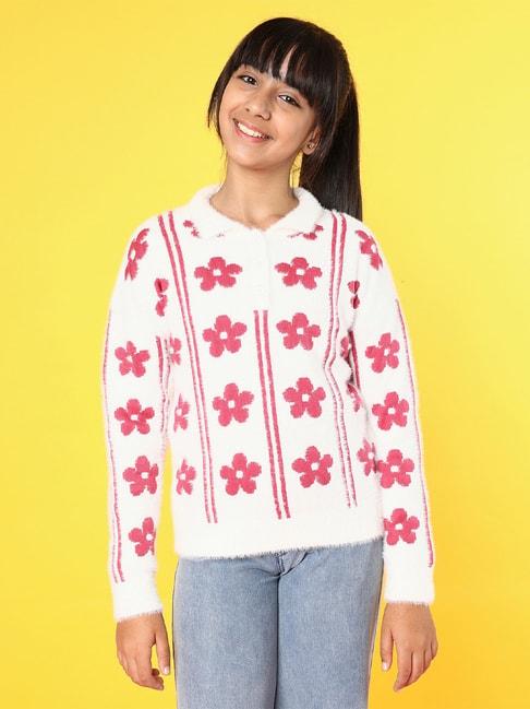 Natilene Kids White & Fuchsia Self Design Full Sleeves Sweater