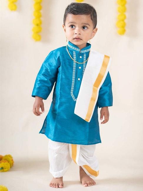 Baby Moo Kids Turquoise Blue & White Regular Fit Full Sleeves Kurta Set