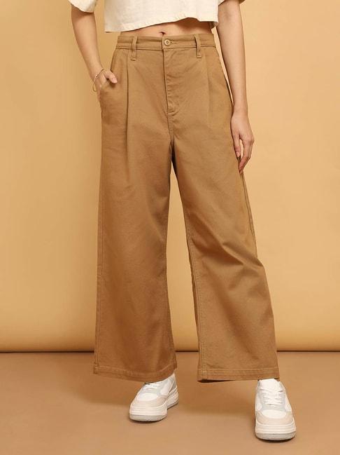 wrangler-brown-cotton-flared-fit-high-rise-trousers