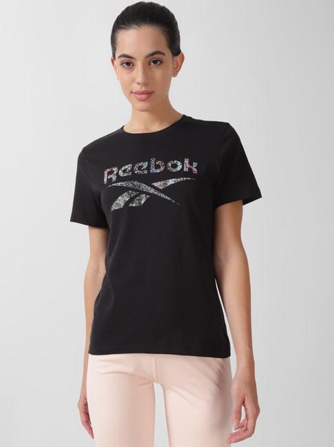 Reebok Black Cotton Logo Print Sports T-Shirt