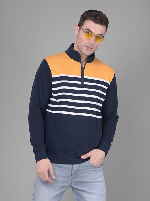 Crimsoune Club Mustard & Navy Regular Fit Striped Sweatshirt