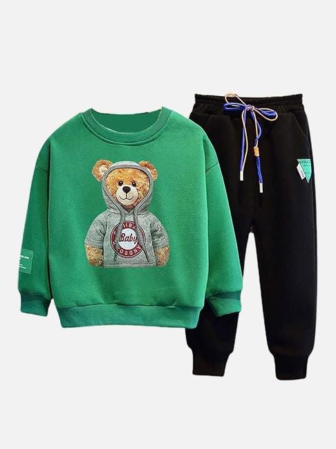 Little Surprise Box Kids Green & Black Applique Full Sleeves Sweatshirt Set