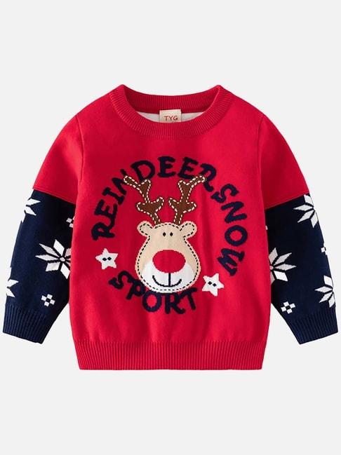 Little Surprise Box Kids Red & Navy Printed Full Sleeves Sweater