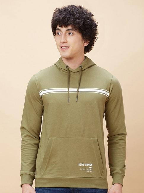 Being Human Green Regular Fit Striped Hooded Sweatshirt