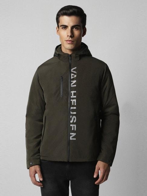 Van Heusen Green Cotton Regular Fit Printed Hooded Jacket