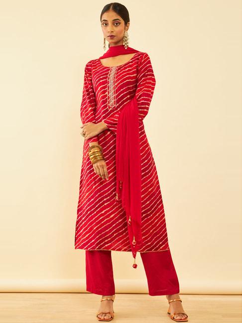 Soch Red Striped Unstitched Dress Material