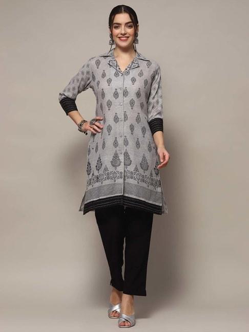 Biba Grey & Black Cotton Printed Unstitched Dress Material