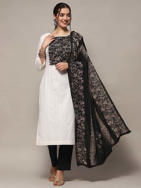 Biba White & Black Cotton Printed Unstitched Dress Material