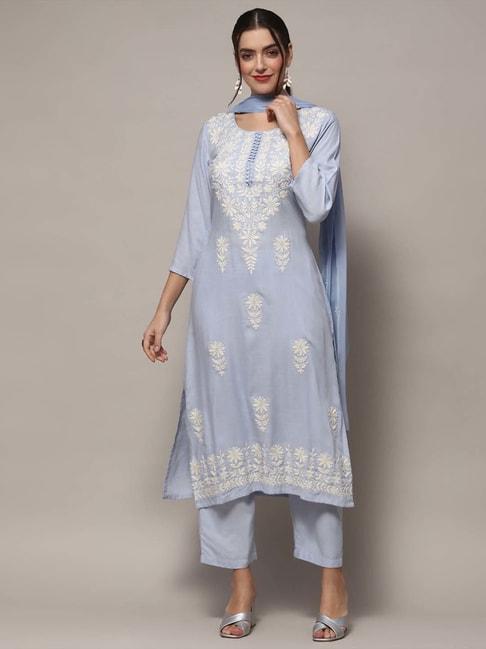 Biba Blue Embroidered Unstitched Dress Material