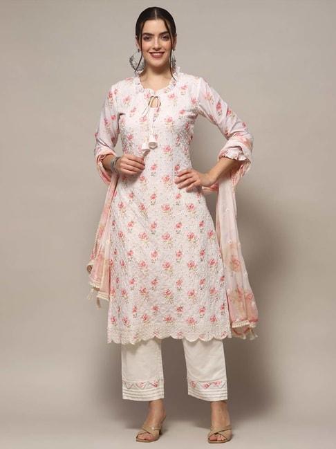 Biba White & Pink Cotton Floral Print Unstitched Dress Material
