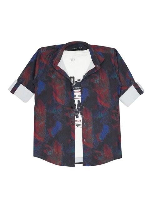 Cavio Kids Maroon Printed Full Sleeves Shirt with T-Shirt