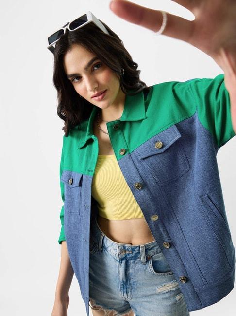 The Souled Store Blue & Green Cotton Color-Block Jacket