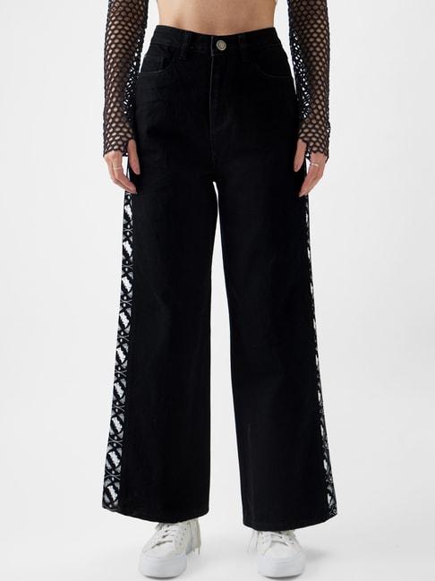 The Souled Store Black Cotton Printed Mid Rise Flared Jeans