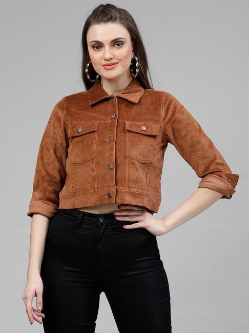 KASSUALLY Brown Cotton Relaxed Fit Crop Denim Jacket