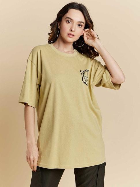 COLOR CAPITAL Light Khaki Graphic Print Oversized T-Shirt