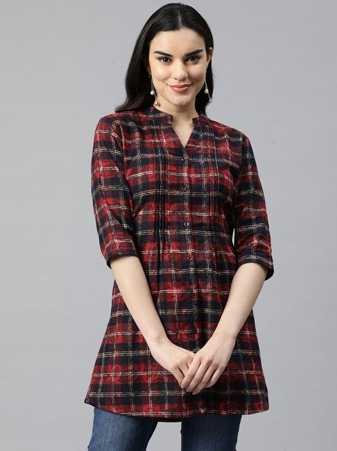 One Femme Maroon & Blue Check Tunic