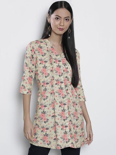 One Femme Beige Floral Print Tunic