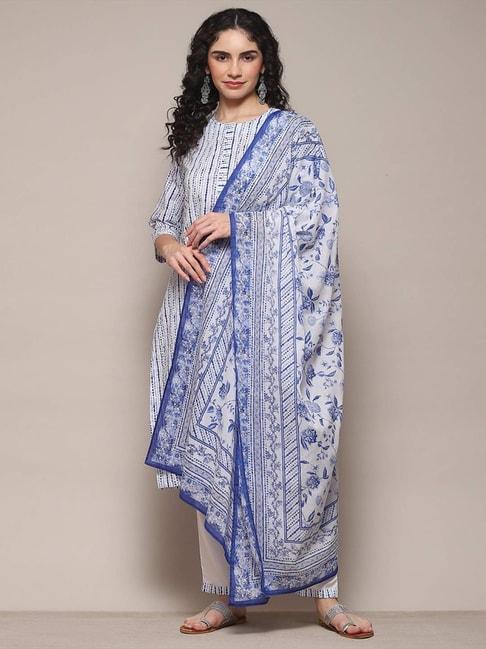 Biba Blue & White Cotton Printed Kurta Pant Set With Dupatta