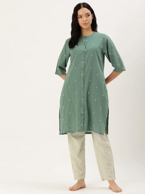 Clt.s Green & White Cotton Embroidered Kurta Pyjama Set