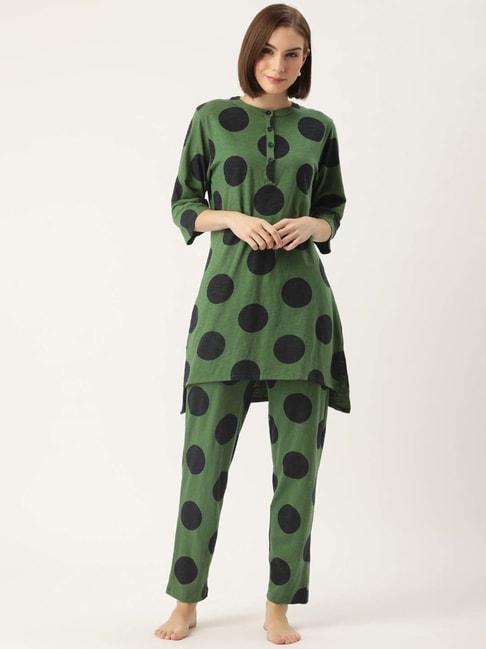 Clt.s Green Cotton Polka Dots Kurti Pyjama Set