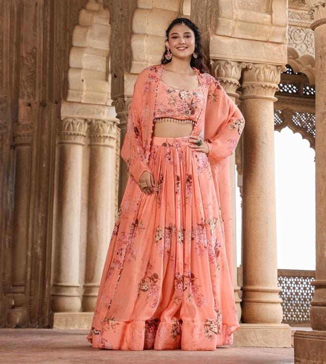 SCAKHI Pink Organza Floral Print & Embellished Lehenga with Choli and Cape